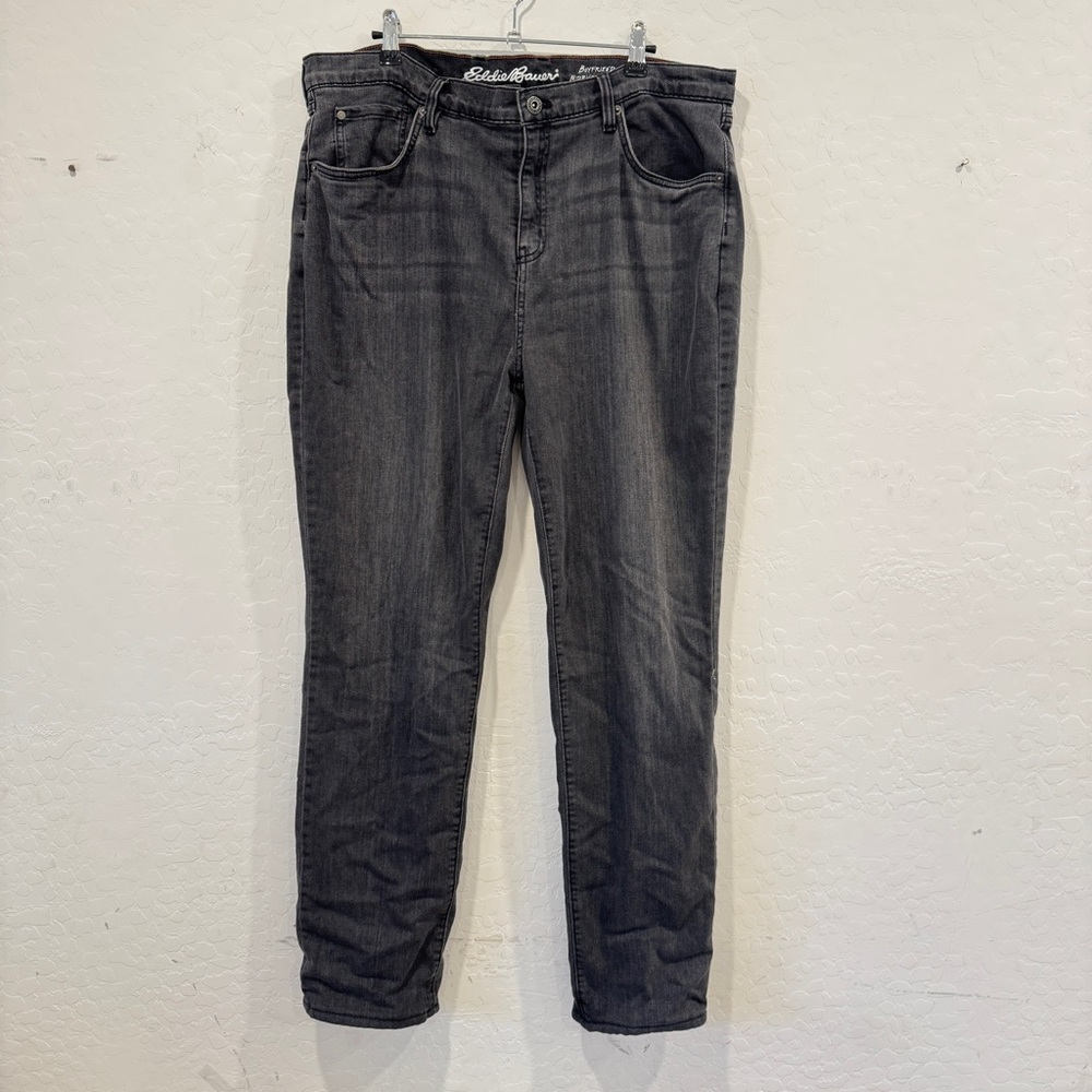 Eddie Bauer Grey Jeans Womens 16 Boyfriend Midrise Straight Flannel Lined